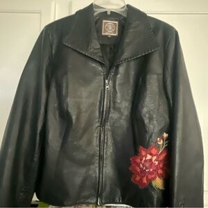 Black Leather Jacket with Floral Design